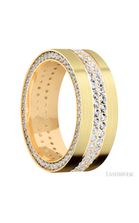 8 mm wide/Flat/14K Yellow Gold band with a Side Eternity arrangement of .01 carat Round Diamond stones in a Bead Channel setting and featuring a a 2 Row Eternity arrangement of .015 carat Round Diamond stones in a Bead Channel setting
