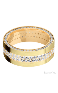 8 mm wide/Flat/14K Yellow Gold band with a Side Eternity arrangement of .01 carat Round Diamond stones in a Bead Channel setting and featuring a a 2 Row Eternity arrangement of .015 carat Round Diamond stones in a Bead Channel setting