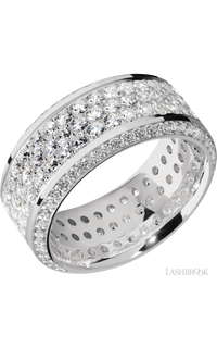 10 mm wide/High Bevel/14K White Gold band with a Bevel Eternity arrangement of .01 carat Round Diamond stones in a Bead setting and featuring a a 3 Row Eternity arrangement of .03 carat Round Diamond stones in a Bead Channel setting