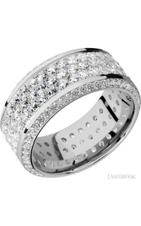 10 mm wide/High Bevel/14K White Gold band with a Bevel Eternity arrangement of .01 carat Round Diamond stones in a Bead setting and featuring a a 3 Row Eternity arrangement of .03 carat Round Diamond stones in a Bead Channel setting