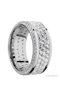 10 mm wide/High Bevel/14K White Gold band with a Bevel Eternity arrangement of .01 carat Round Diamond stones in a Bead setting and featuring a a 3 Row Eternity arrangement of .03 carat Round Diamond stones in a Bead Channel setting