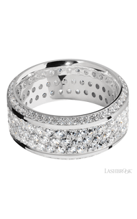 10 mm wide/High Bevel/14K White Gold band with a Bevel Eternity arrangement of .01 carat Round Diamond stones in a Bead setting and featuring a a 3 Row Eternity arrangement of .03 carat Round Diamond stones in a Bead Channel setting