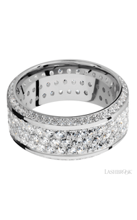 10 mm wide/High Bevel/14K White Gold band with a Bevel Eternity arrangement of .01 carat Round Diamond stones in a Bead setting and featuring a a 3 Row Eternity arrangement of .03 carat Round Diamond stones in a Bead Channel setting