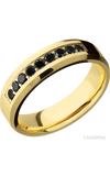 6 mm wide/Beveled/14K Yellow Gold band with an  arrangement of 9, .05 carat Round Black Diamond stones in a Bead Channel setting.