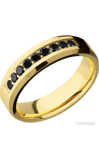 6 mm wide/Beveled/14K Yellow Gold band with an  arrangement of 9, .05 carat Round Black Diamond stones in a Bead Channel setting.