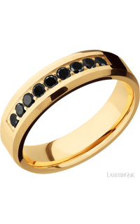 6 mm wide/Beveled/14K Yellow Gold band with an  arrangement of 9, .05 carat Round Black Diamond stones in a Bead Channel setting.