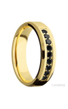 6 mm wide/Beveled/14K Yellow Gold band with an  arrangement of 9, .05 carat Round Black Diamond stones in a Bead Channel setting.