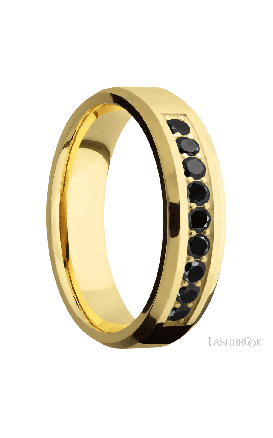 6 mm wide/Beveled/14K Yellow Gold band with an  arrangement of 9, .05 carat Round Black Diamond stones in a Bead Channel setting.
