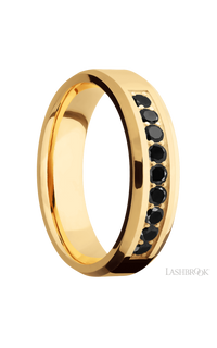 6 mm wide/Beveled/14K Yellow Gold band with an  arrangement of 9, .05 carat Round Black Diamond stones in a Bead Channel setting. - NAGI