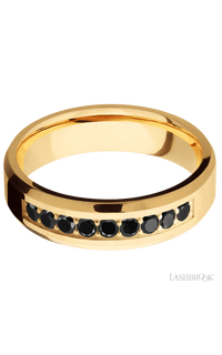 6 mm wide/Beveled/14K Yellow Gold band with an  arrangement of 9, .05 carat Round Black Diamond stones in a Bead Channel setting.