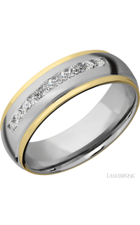 7 mm wide/Domed Stepped Down Edges/Cobalt Chrome band with  two 1 mm Edge inlays of 14K Yellow Gold and featuring an  arrangement of 9, .05 carat Round Diamond stones in a Channel setting