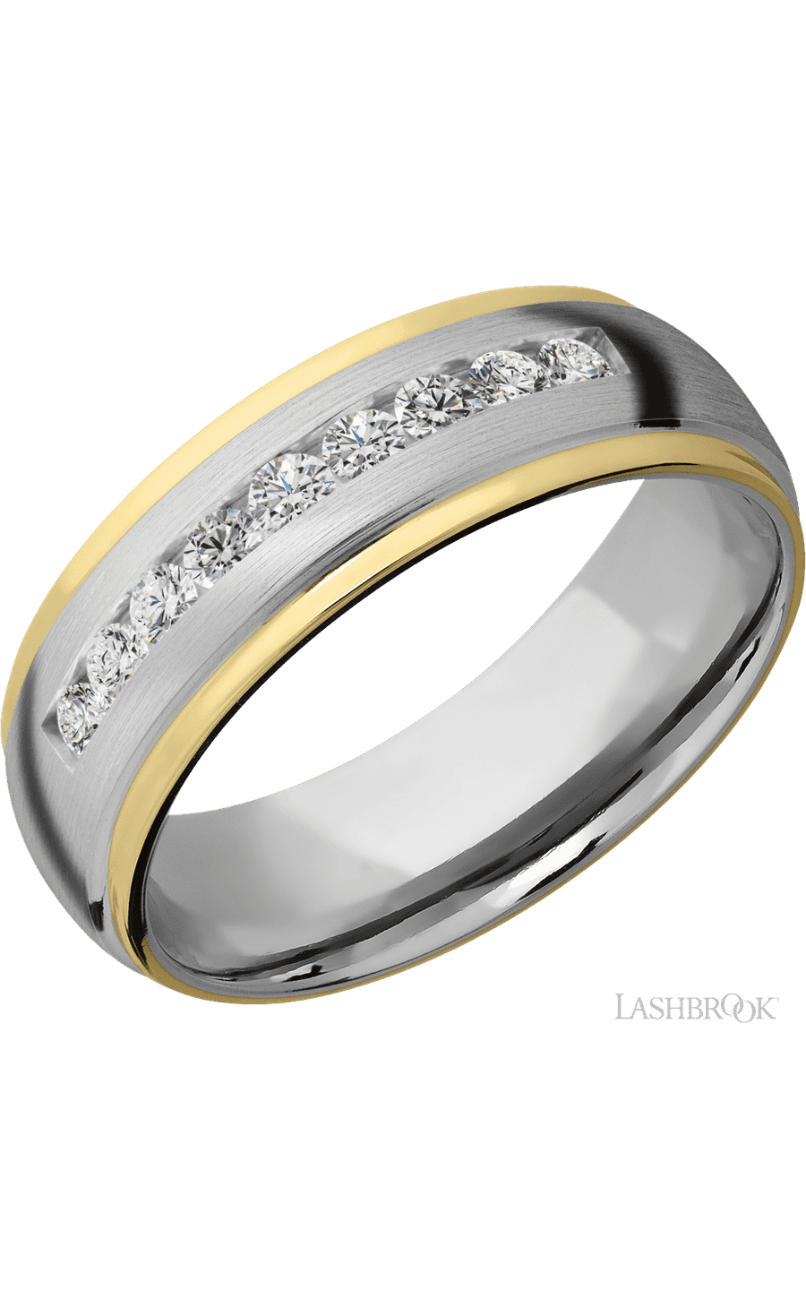 7 mm wide/Domed Stepped Down Edges/Cobalt Chrome band with  two 1 mm Edge inlays of 14K Yellow Gold and featuring an  arrangement of 9, .05 carat Round Diamond stones in a Channel setting
