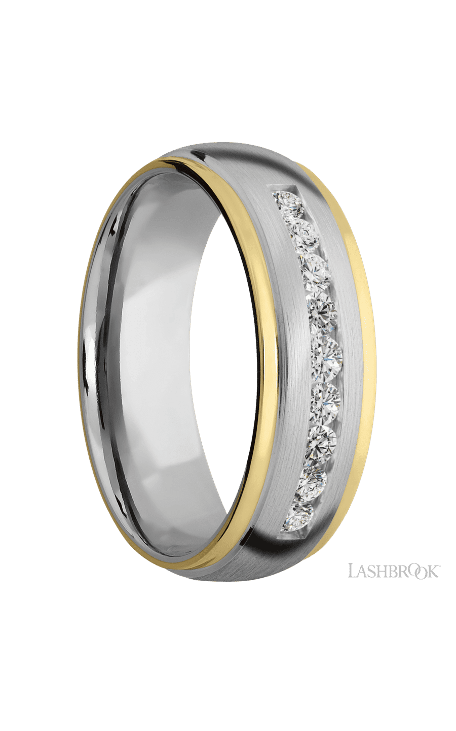7 mm wide/Domed Stepped Down Edges/Cobalt Chrome band with  two 1 mm Edge inlays of 14K Yellow Gold and featuring an  arrangement of 9, .05 carat Round Diamond stones in a Channel setting - NAGI