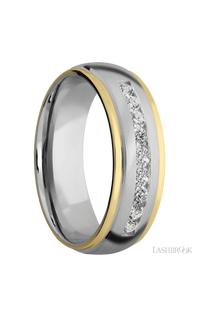 7 mm wide/Domed Stepped Down Edges/Cobalt Chrome band with  two 1 mm Edge inlays of 14K Yellow Gold and featuring an  arrangement of 9, .05 carat Round Diamond stones in a Channel setting