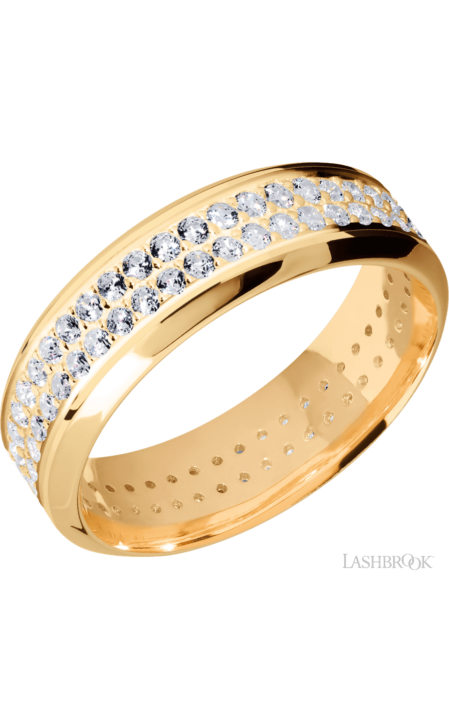 7 mm wide/High Bevel/14K Yellow Gold band with a 2 Row Eternity arrangement of .015 carat Round Diamond stones in a Bead Channel setting. - NAGI
