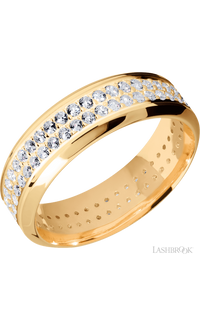 7 mm wide/High Bevel/14K Yellow Gold band with a 2 Row Eternity arrangement of .015 carat Round Diamond stones in a Bead Channel setting.