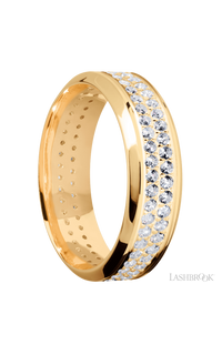 7 mm wide/High Bevel/14K Yellow Gold band with a 2 Row Eternity arrangement of .015 carat Round Diamond stones in a Bead Channel setting. - NAGI