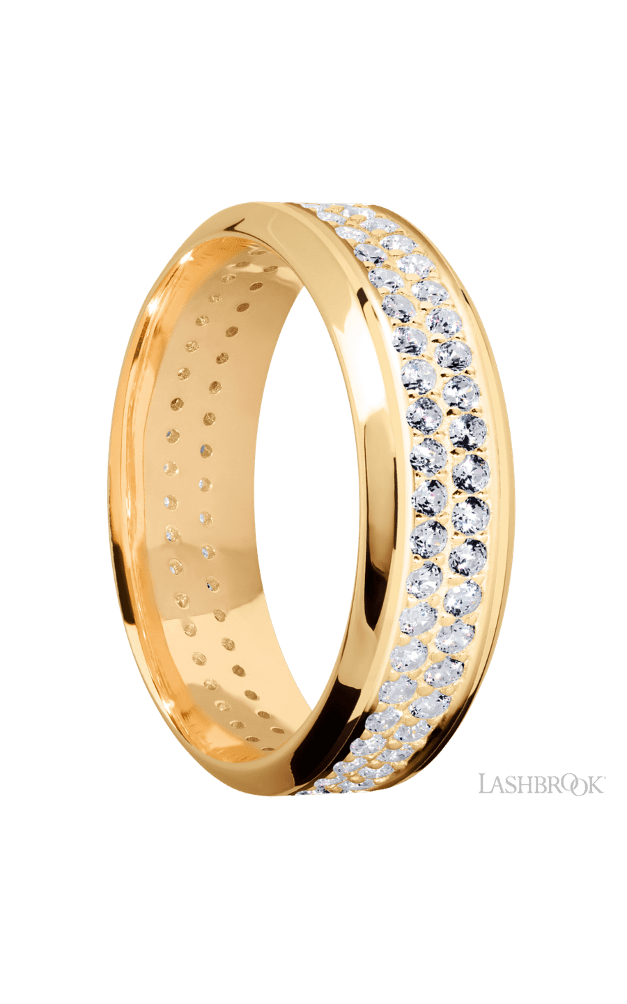 7 mm wide/High Bevel/14K Yellow Gold band with a 2 Row Eternity arrangement of .015 carat Round Diamond stones in a Bead Channel setting. - NAGI
