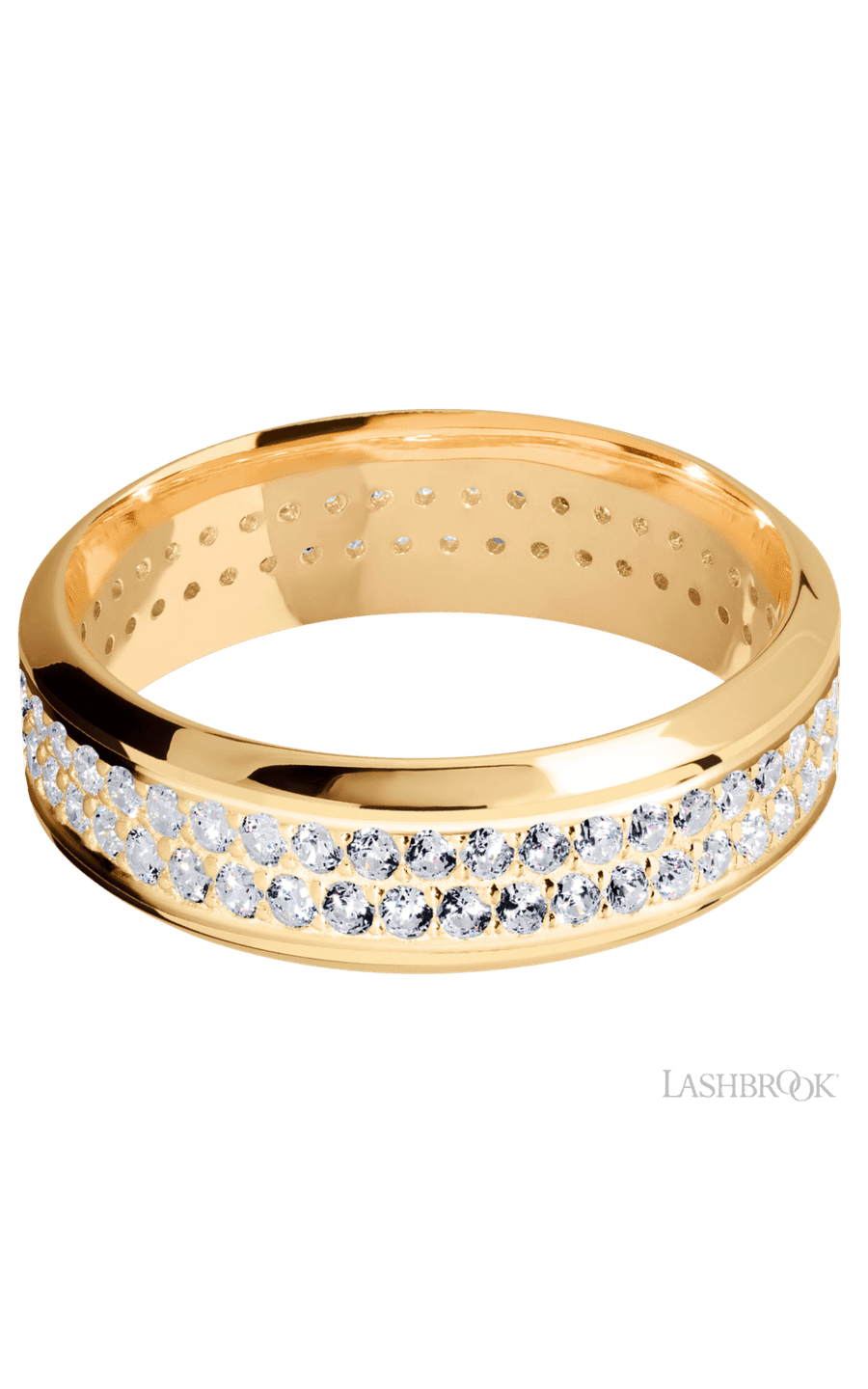 7 mm wide/High Bevel/14K Yellow Gold band with a 2 Row Eternity arrangement of .015 carat Round Diamond stones in a Bead Channel setting. - NAGI