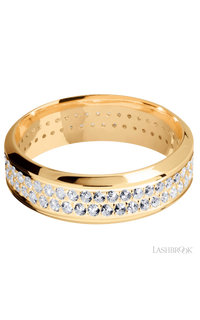 7 mm wide/High Bevel/14K Yellow Gold band with a 2 Row Eternity arrangement of .015 carat Round Diamond stones in a Bead Channel setting.