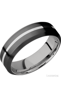 7 mm wide/High Bevel/Zirconium band with one 1 mm Centered inlay of Palladium Silver also featuring a Palladium Silver sleeve.