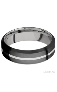 7 mm wide/High Bevel/Zirconium band with one 1 mm Centered inlay of Palladium Silver also featuring a Palladium Silver sleeve.