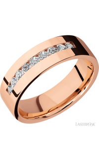 7 mm wide/Flat/14K Rose Gold band with an  arrangement of 9, .05 carat Round Diamond stones in a Channel setting. - NAGI