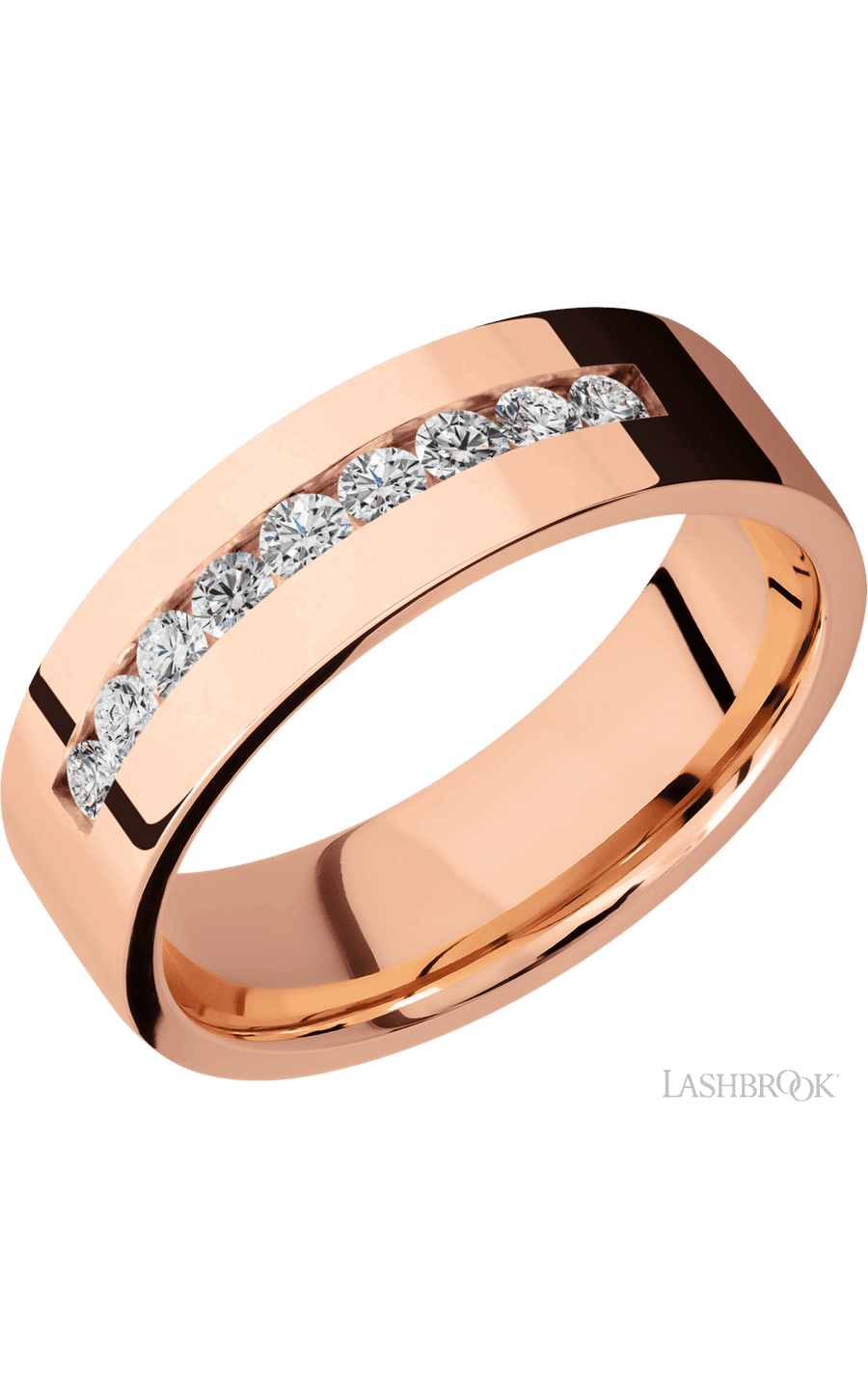 7 mm wide/Flat/14K Rose Gold band with an  arrangement of 9, .05 carat Round Diamond stones in a Channel setting. - NAGI