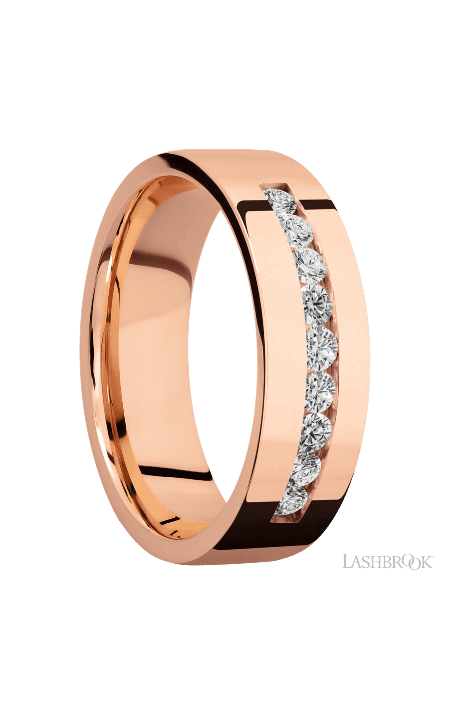 7 mm wide/Flat/14K Rose Gold band with an  arrangement of 9, .05 carat Round Diamond stones in a Channel setting. - NAGI