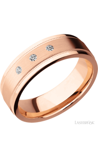 7 mm wide/Flat Stepped Edges Milgrain/14K Rose Gold band with an  arrangement of 3, .03 carat Round Diamond stones in a Flush setting.