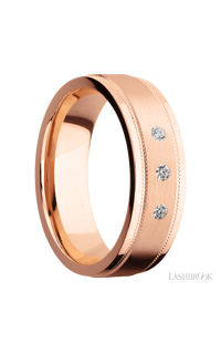 7 mm wide/Flat Stepped Edges Milgrain/14K Rose Gold band with an  arrangement of 3, .03 carat Round Diamond stones in a Flush setting.
