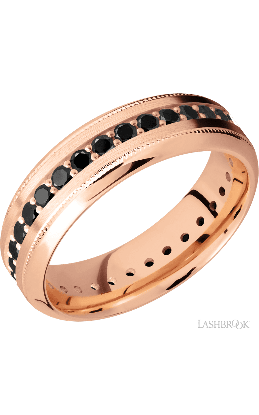 7 mm wide/High Bevel Milgrain/14K Rose Gold band with an Eternity arrangement of .03 carat Round Black Diamond stones in a Bead Channel setting. - NAGI