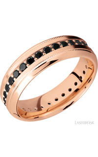 7 mm wide/High Bevel Milgrain/14K Rose Gold band with an Eternity arrangement of .03 carat Round Black Diamond stones in a Bead Channel setting.