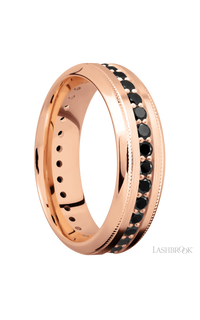 7 mm wide/High Bevel Milgrain/14K Rose Gold band with an Eternity arrangement of .03 carat Round Black Diamond stones in a Bead Channel setting. - NAGI