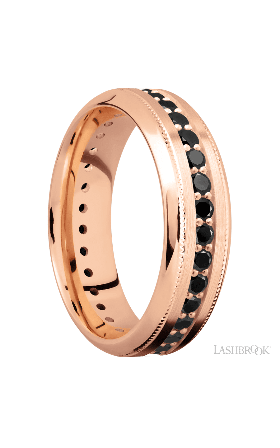 7 mm wide/High Bevel Milgrain/14K Rose Gold band with an Eternity arrangement of .03 carat Round Black Diamond stones in a Bead Channel setting. - NAGI