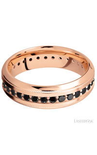 7 mm wide/High Bevel Milgrain/14K Rose Gold band with an Eternity arrangement of .03 carat Round Black Diamond stones in a Bead Channel setting. - NAGI