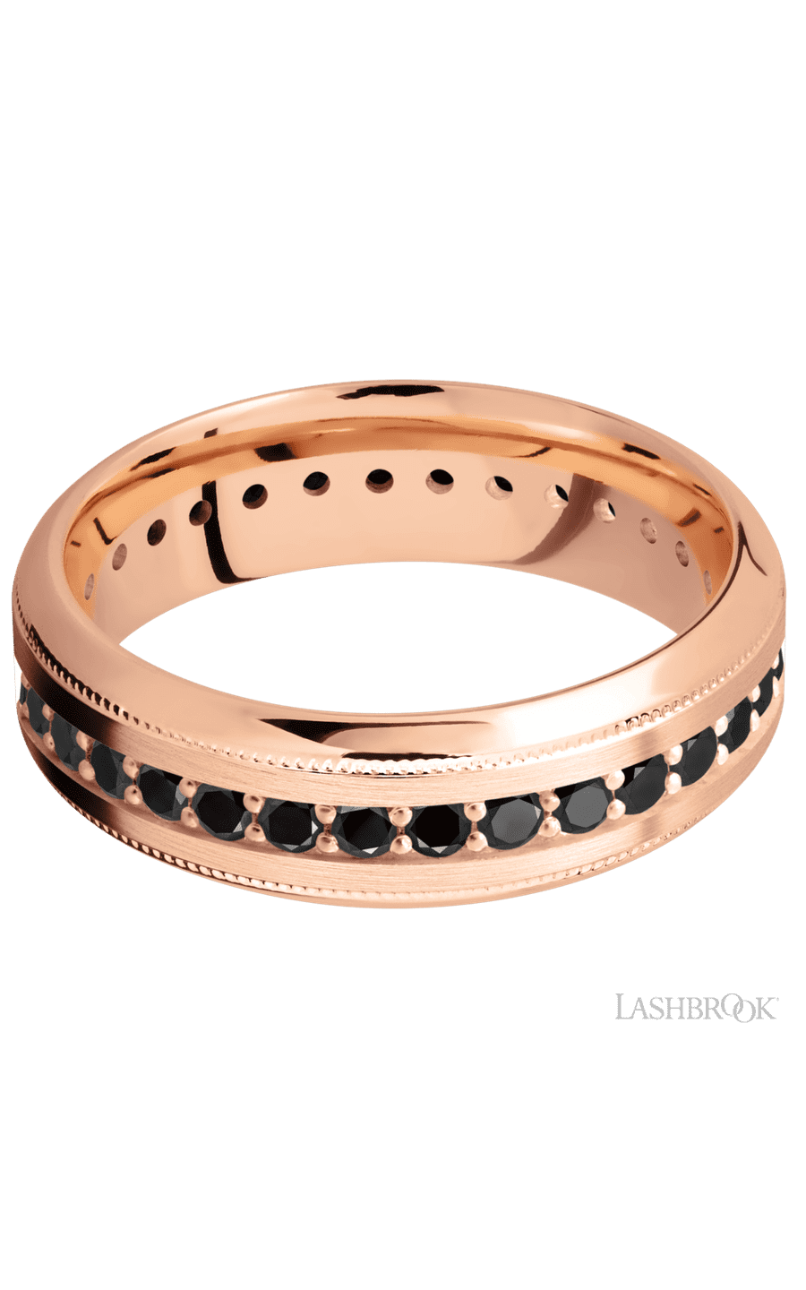 7 mm wide/High Bevel Milgrain/14K Rose Gold band with an Eternity arrangement of .03 carat Round Black Diamond stones in a Bead Channel setting. - NAGI