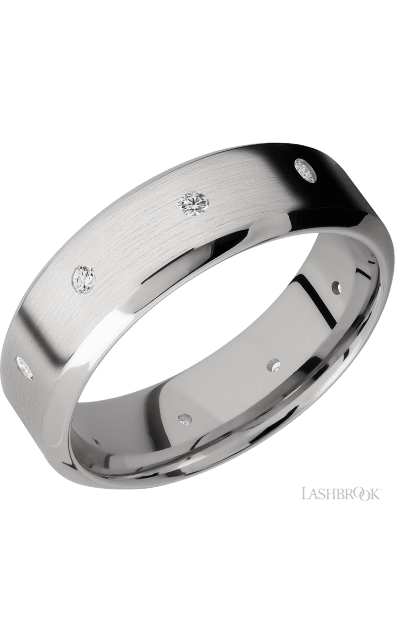 7 mm wide/High Bevel/14K White Gold band with a 9X Even arrangement of .03 carat Round Diamond stones in a Flush setting.