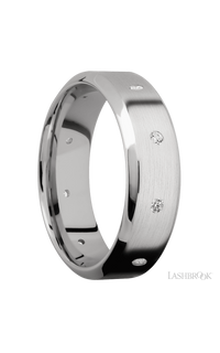 7 mm wide/High Bevel/14K White Gold band with a 9X Even arrangement of .03 carat Round Diamond stones in a Flush setting.