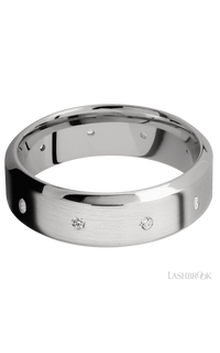 7 mm wide/High Bevel/14K White Gold band with a 9X Even arrangement of .03 carat Round Diamond stones in a Flush setting.