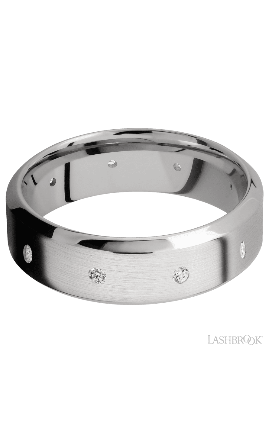 7 mm wide/High Bevel/14K White Gold band with a 9X Even arrangement of .03 carat Round Diamond stones in a Flush setting.