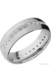 7 mm wide/Domed/14K White Gold band with an Eternity arrangement of .03 carat Round Diamond stones in a Bead Channel setting.