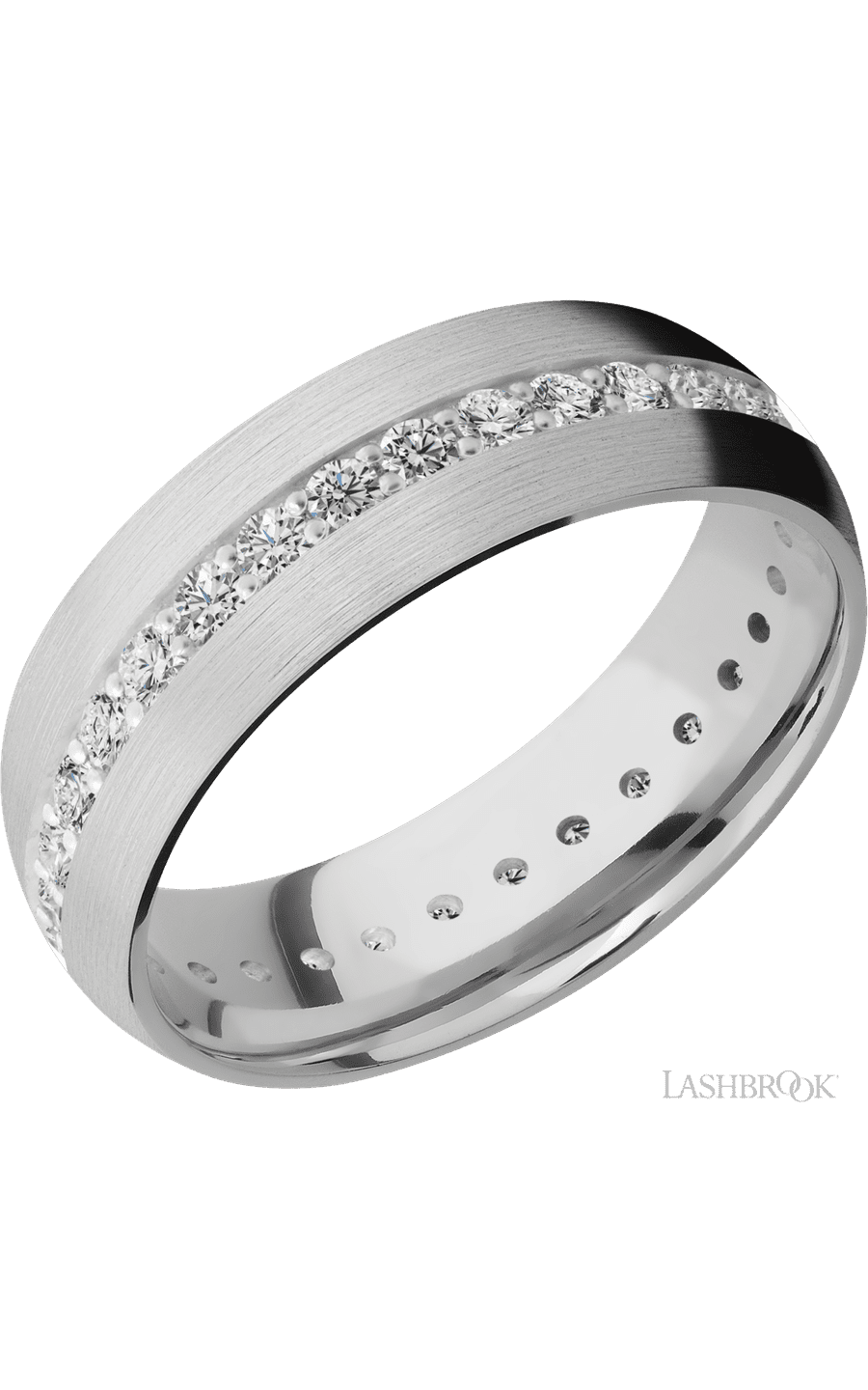 7 mm wide/Domed/14K White Gold band with an Eternity arrangement of .03 carat Round Diamond stones in a Bead Channel setting. - NAGI