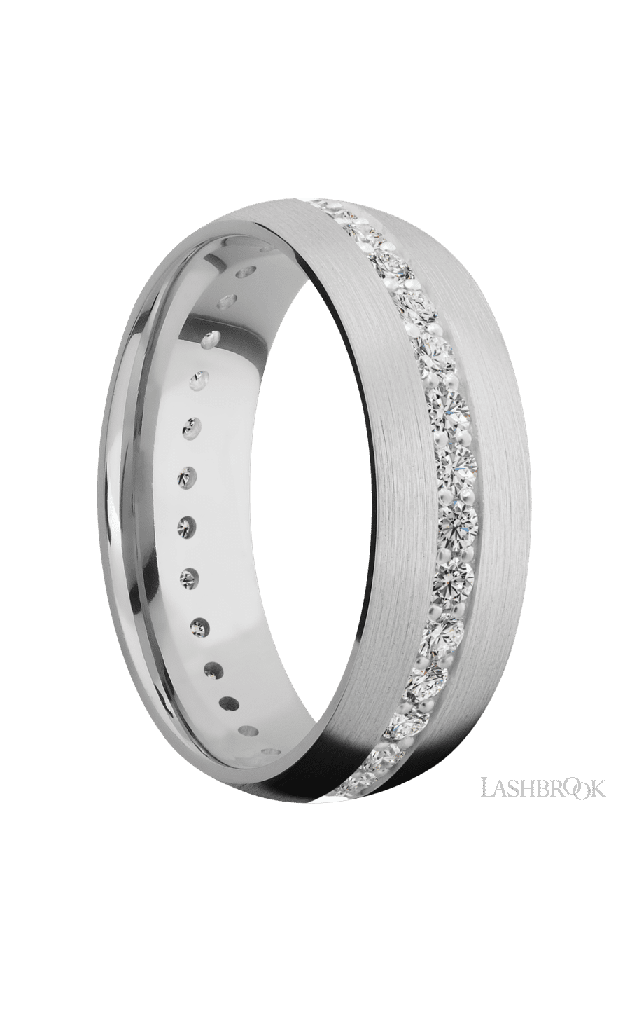 7 mm wide/Domed/14K White Gold band with an Eternity arrangement of .03 carat Round Diamond stones in a Bead Channel setting. - NAGI