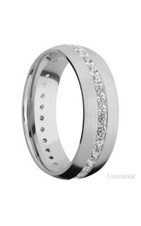 7 mm wide/Domed/14K White Gold band with an Eternity arrangement of .03 carat Round Diamond stones in a Bead Channel setting.