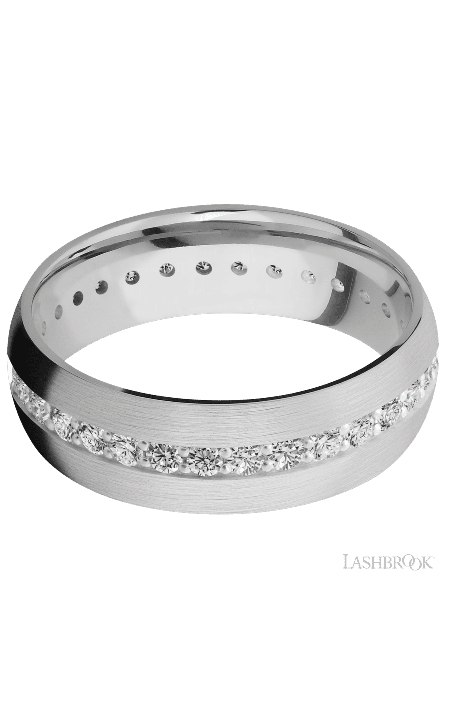 7 mm wide/Domed/14K White Gold band with an Eternity arrangement of .03 carat Round Diamond stones in a Bead Channel setting. - NAGI