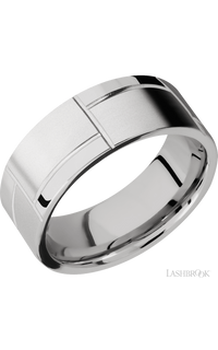 8 mm wide/Flat/14K White Gold band with a machined 3GOCHR pattern.