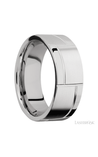8 mm wide/Flat/14K White Gold band with a machined 3GOCHR pattern.