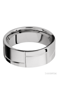 8 mm wide/Flat/14K White Gold band with a machined 3GOCHR pattern.