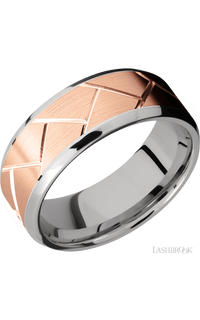 8 mm wide/Beveled/14K White Gold band with one 6 mm Centered inlay of 14K Rose Gold with a machined Flatweave pattern.